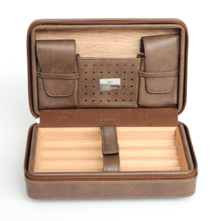 Custom Luxury pu leather Cedar lining Carry Portable Waterproof humidor Travel Leather Cigar Case