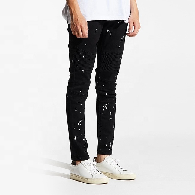 OEM high street paint splatter skinny jeans men casual black biker denim private label jeans pants