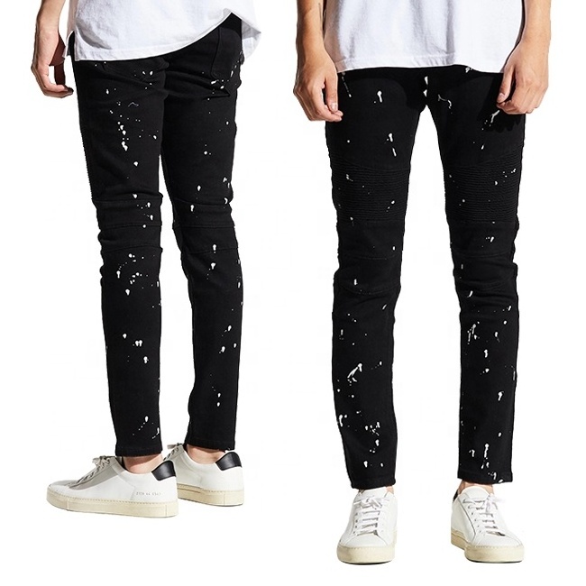 OEM high street paint splatter skinny jeans men casual black biker denim private label jeans pants