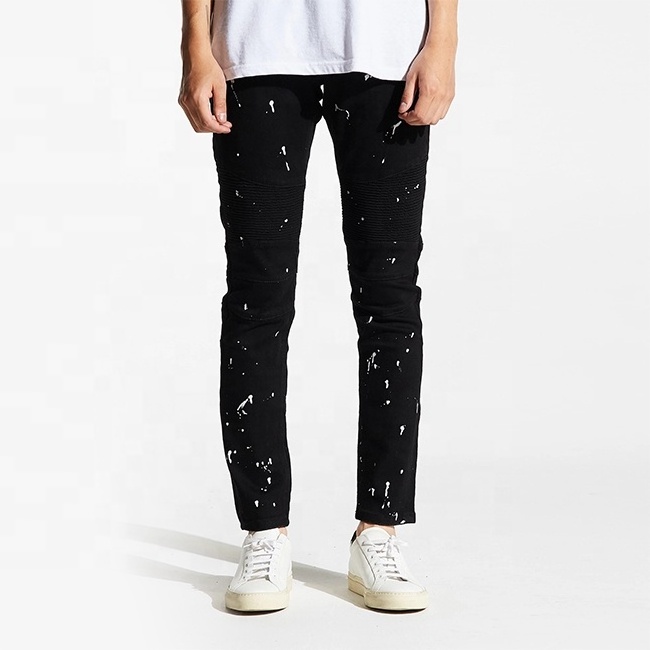 OEM high street paint splatter skinny jeans men casual black biker denim private label jeans pants