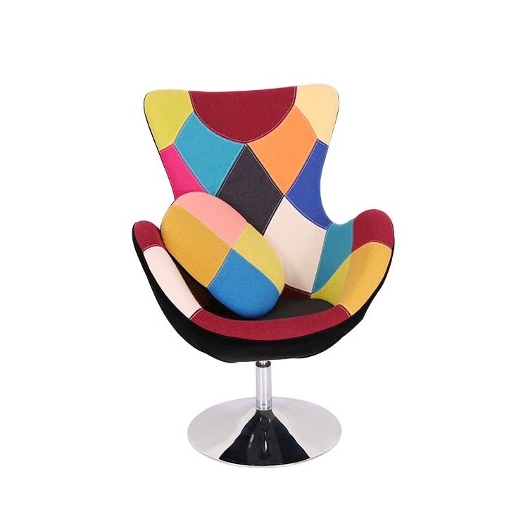 Custom Modern Nordic Design Accent Chair Multicolored Fabric Upholstered Patchwork Egg Pod Curved Backrest Lounge Swivel Chair