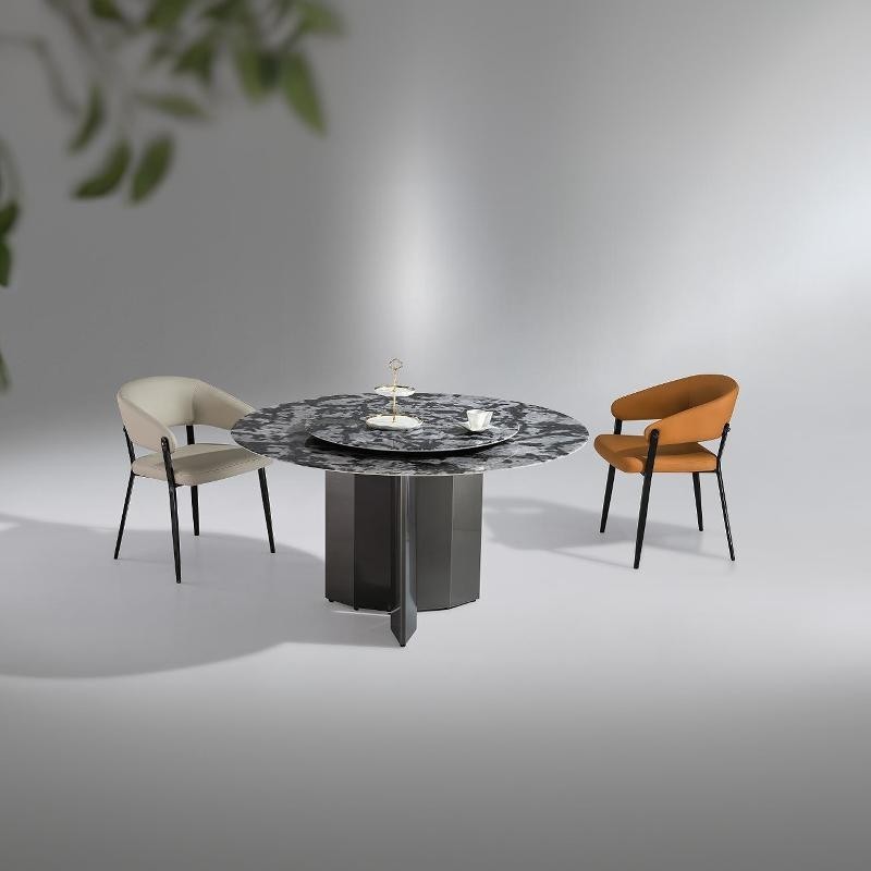 Elegant Painted Curved Legs High End Luxury Sintered Marble Stone Pandora Slate Tabletop Round Rotating Dining Room Table