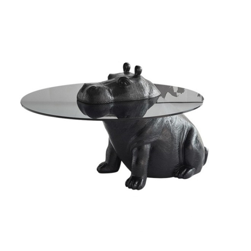 Italian Designer Tea Side Table Light Luxury Style Customized Side Creative Hippo Base Oval Coffee Table With Tempered Glass Top