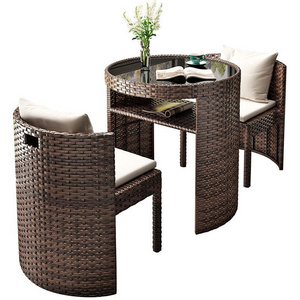 All Weather Wicker Rattan Garden Chairs and Tempered Glass top Table 3 Piece Outdoor Patio Dining Furniture Set With Storage