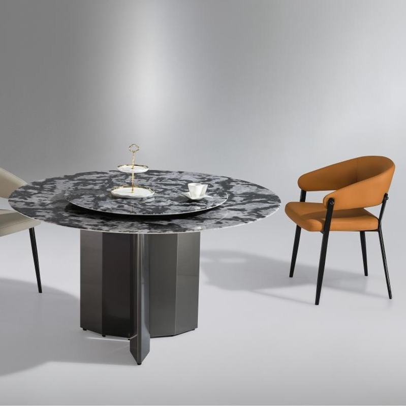 Elegant Painted Curved Legs High End Luxury Sintered Marble Stone Pandora Slate Tabletop Round Rotating Dining Room Table