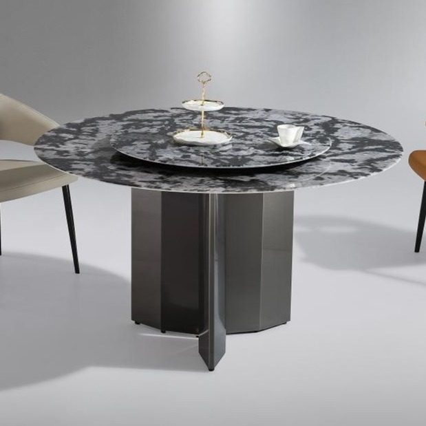 Elegant Painted Curved Legs High End Luxury Sintered Marble Stone Pandora Slate Tabletop Round Rotating Dining Room Table