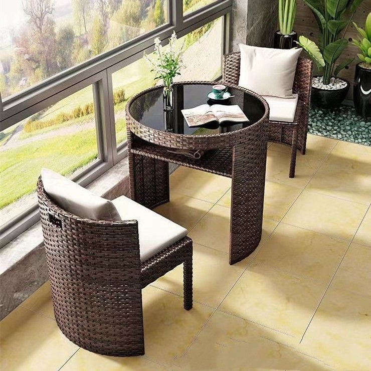 All Weather Wicker Rattan Garden Chairs and Tempered Glass top Table 3 Piece Outdoor Patio Dining Furniture Set With Storage