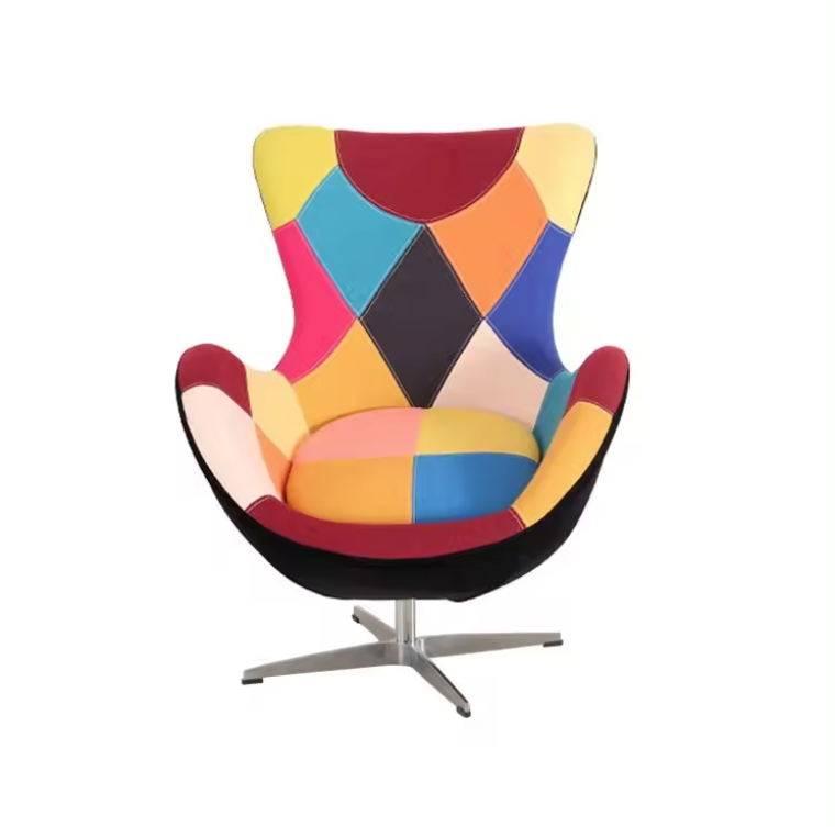 Custom Modern Nordic Design Accent Chair Multicolored Fabric Upholstered Patchwork Egg Pod Curved Backrest Lounge Swivel Chair