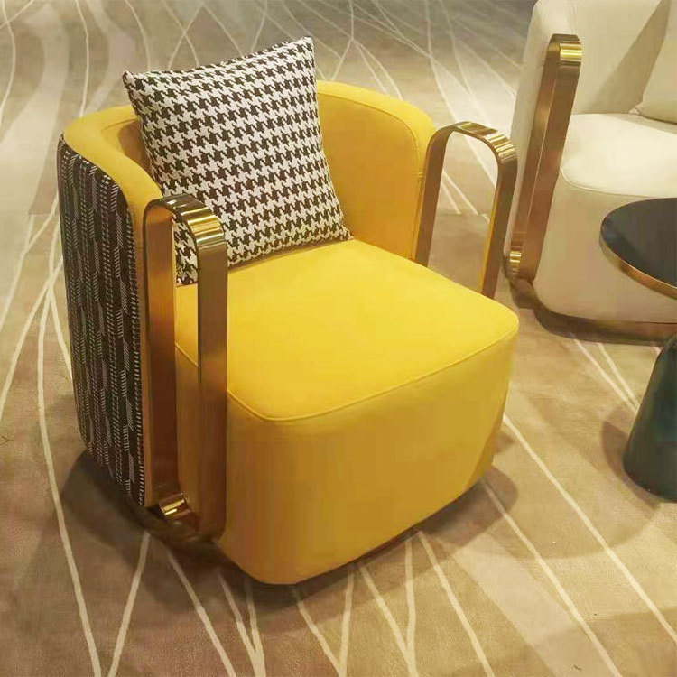 Modern lounge swivel armchair luxury gold stainless steel metal frame single sofa chair for living room furniture and hotel