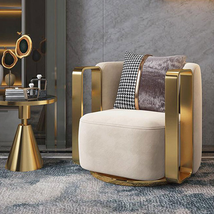 Modern lounge swivel armchair luxury gold stainless steel metal frame single sofa chair for living room furniture and hotel