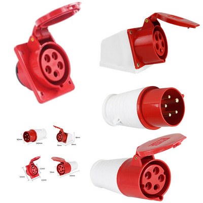 415V 32A 5 Pin Industrial Plug or Socket IP44 3 Phase 3P+N+E Male Female Red