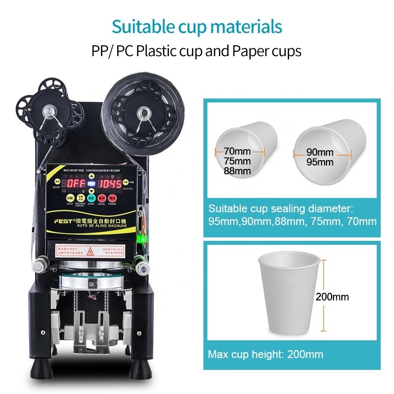 Automatic milk boba tea coffee cup sealer sealing machine for tea shop equipment 90/95mm plastic paper cups