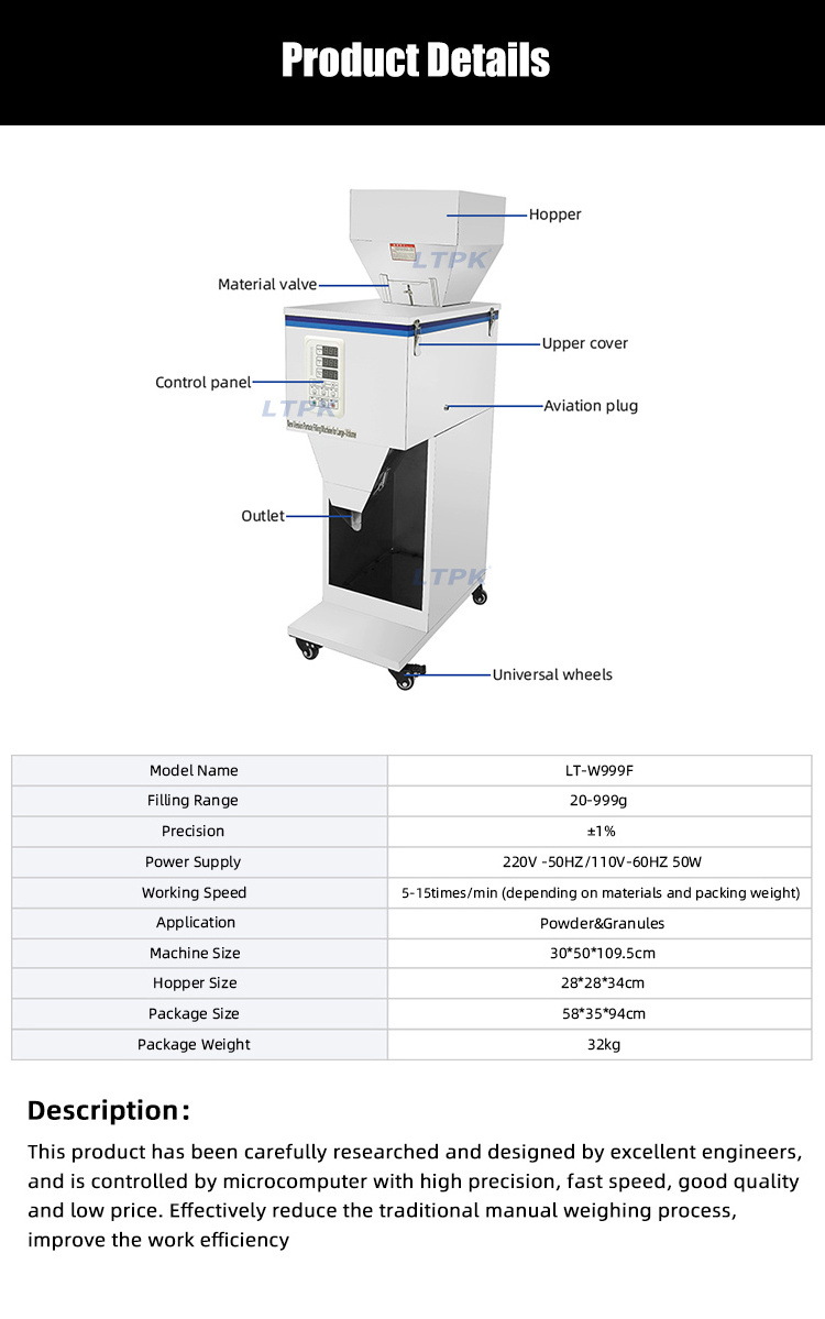 999g semi auto powder filling machine Granular Powder Seeds Coffee Automatic Weighing filling packing machine