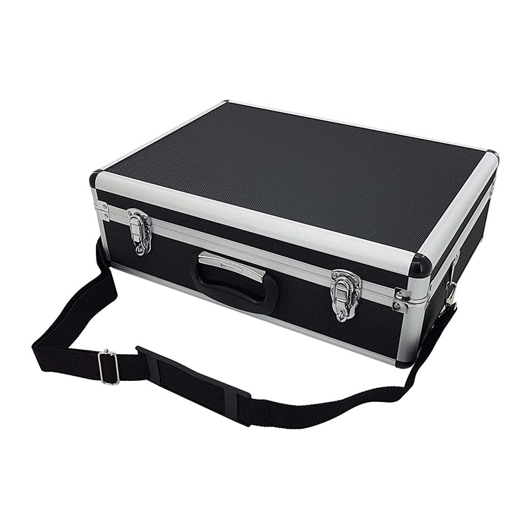 Professional Black Lockable Aluminum Toolbox With Foam Portable Aluminum Carrying Tool Case With Carry Strap