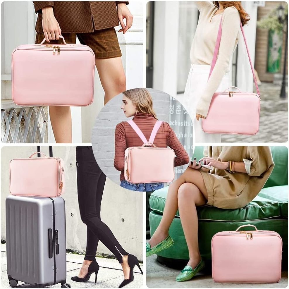 PU Leather Professional Makeup Bag 16 Inches Travel Makeup Case Large Cosmetic Train Case Sets Cosmetic Organizer Box Pink