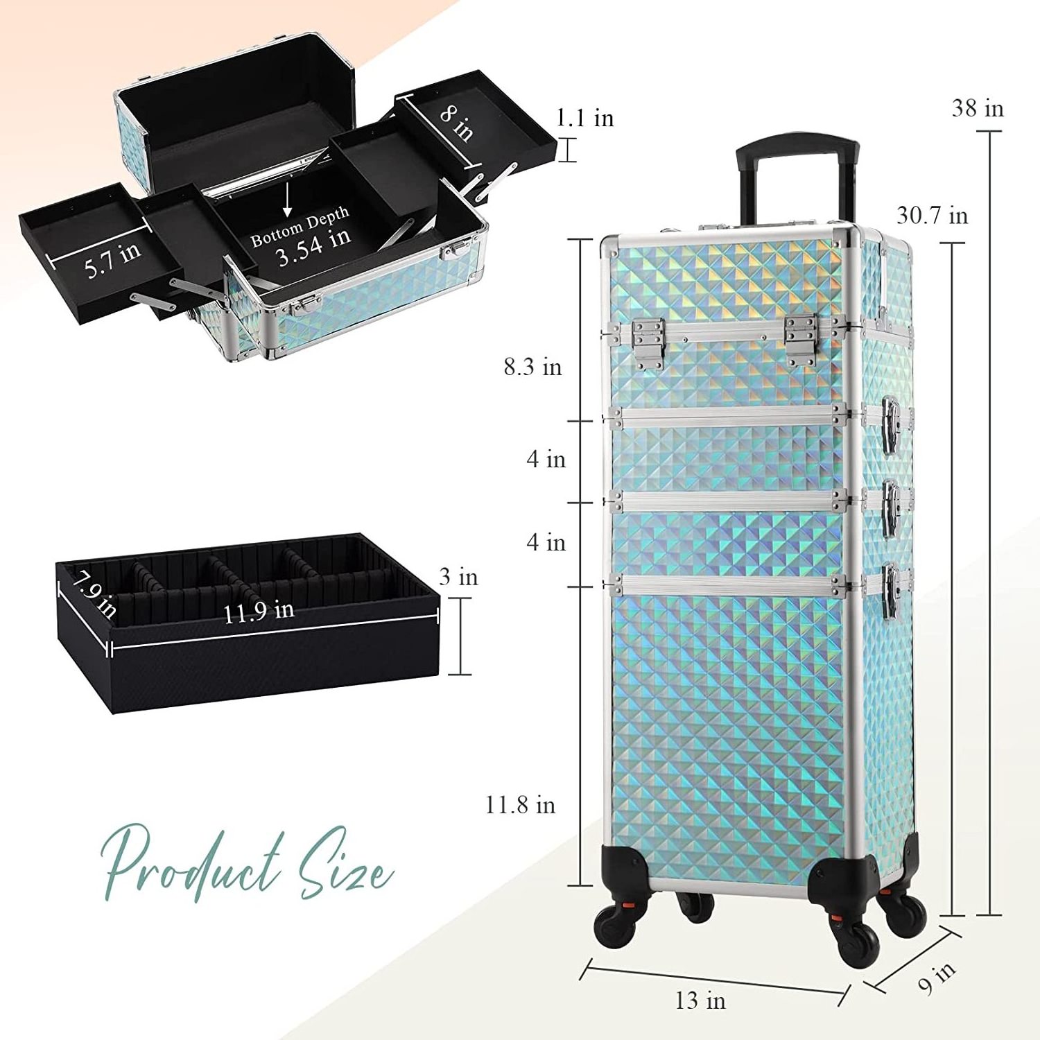 Rolling Makeup Train Case Large Storage Cosmetic Trolley 4 in 1 Large Capacity Trolley Makeup Travel Case Salon Barber Case