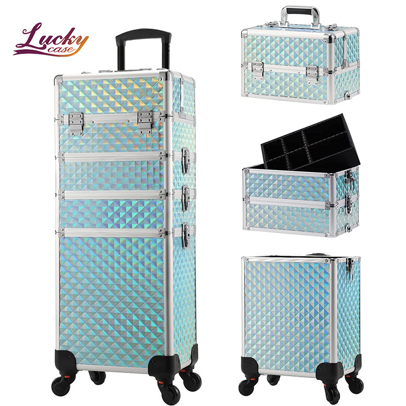 Rolling Makeup Train Case Large Storage Cosmetic Trolley 4 in 1 Large Capacity Trolley Makeup Travel Case Salon Barber Case