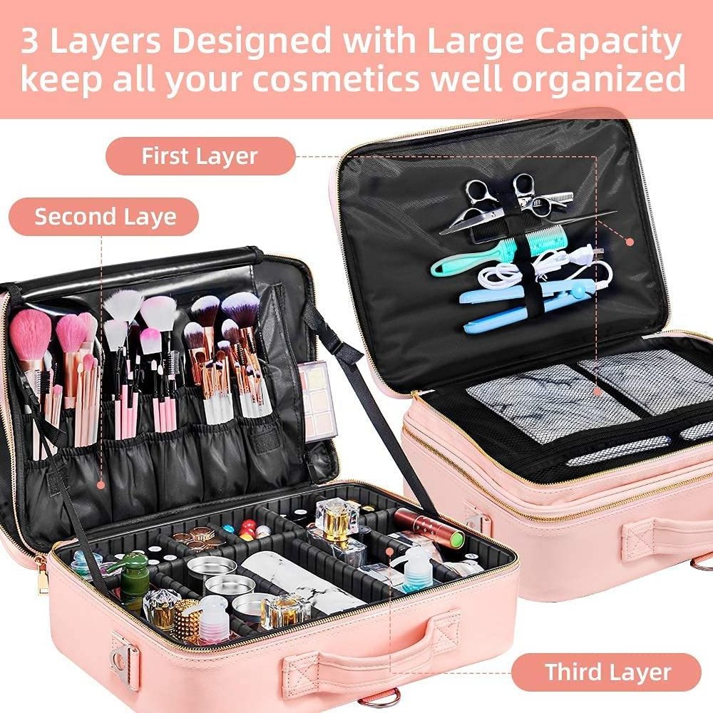 PU Leather Professional Makeup Bag 16 Inches Travel Makeup Case Large Cosmetic Train Case Sets Cosmetic Organizer Box Pink