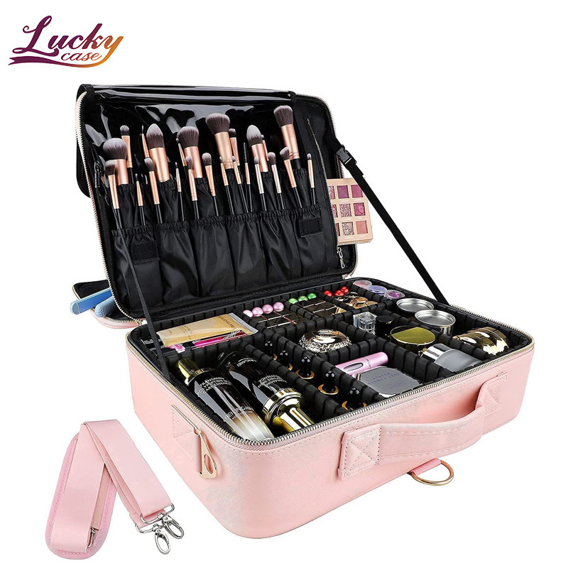 PU Leather Professional Makeup Bag 16 Inches Travel Makeup Case Large Cosmetic Train Case Sets Cosmetic Organizer Box Pink