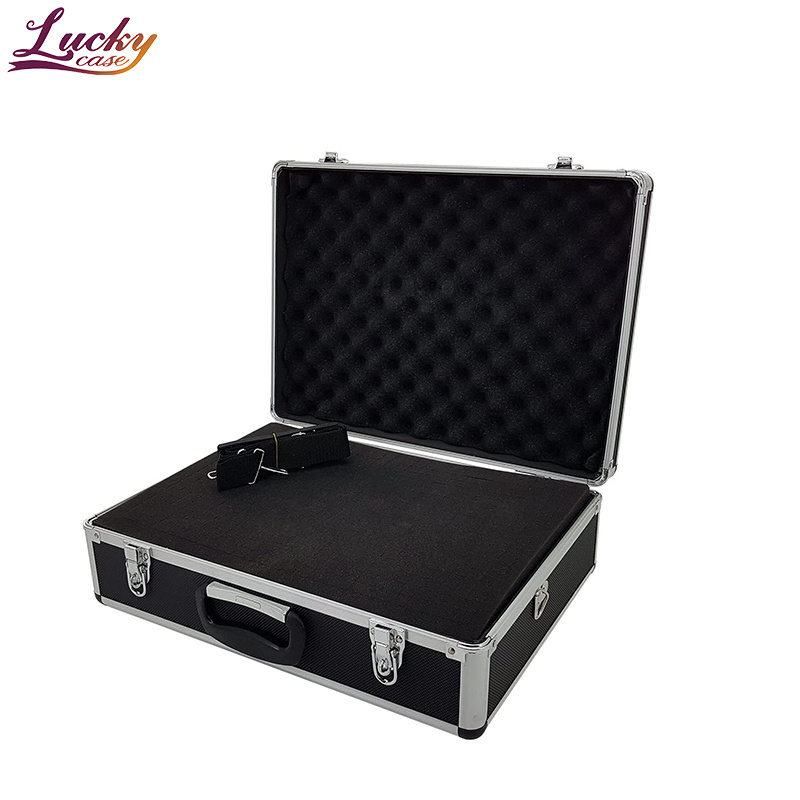 Professional Black Lockable Aluminum Toolbox With Foam Portable Aluminum Carrying Tool Case With Carry Strap