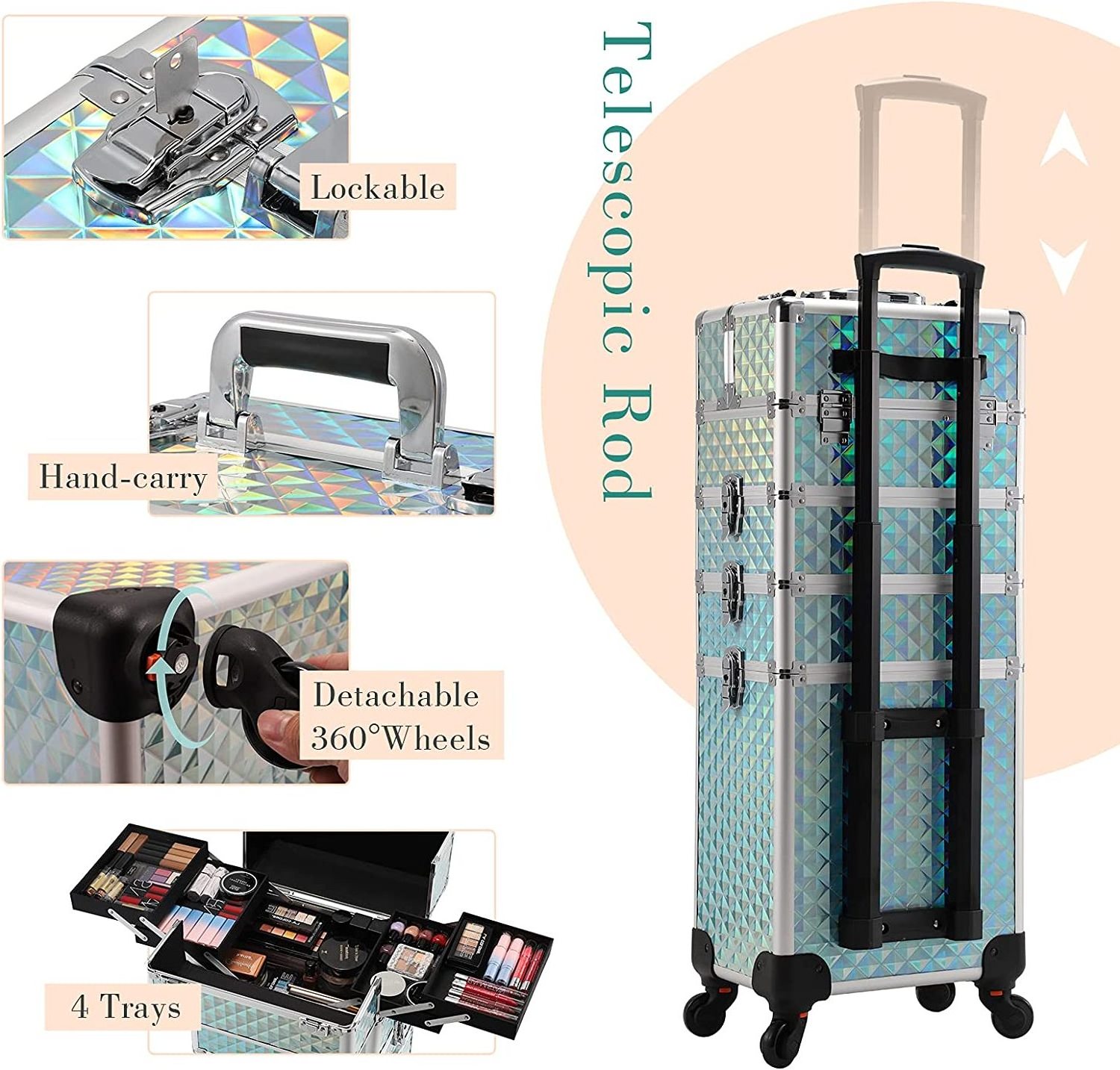 Rolling Makeup Train Case Large Storage Cosmetic Trolley 4 in 1 Large Capacity Trolley Makeup Travel Case Salon Barber Case