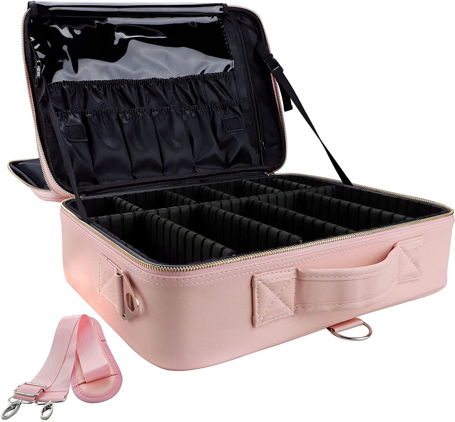 PU Leather Professional Makeup Bag 16 Inches Travel Makeup Case Large Cosmetic Train Case Sets Cosmetic Organizer Box Pink