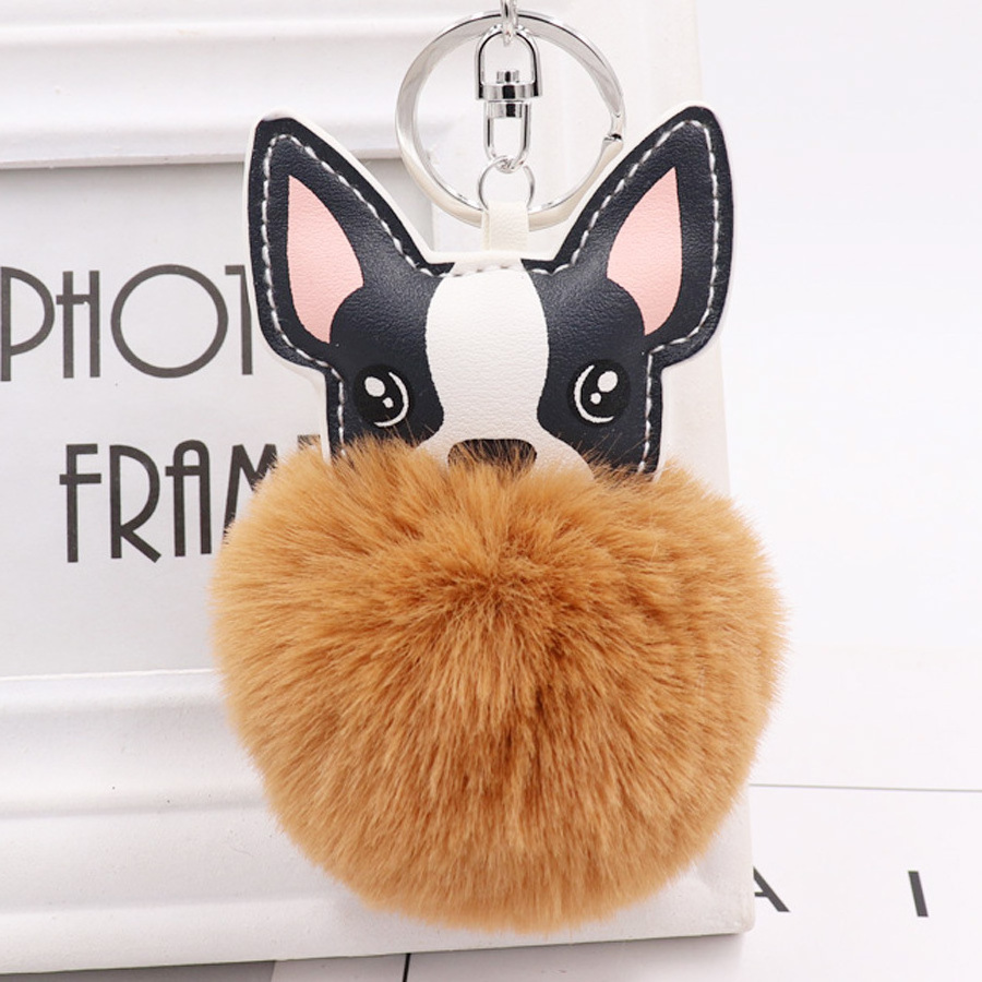 Fluffy Rabbit Fur Ball French Bulldog Keychain Pompom Key Chain Pu Leather Animal Dog Keyring Holder Bag Charm Trinket Chaveiros