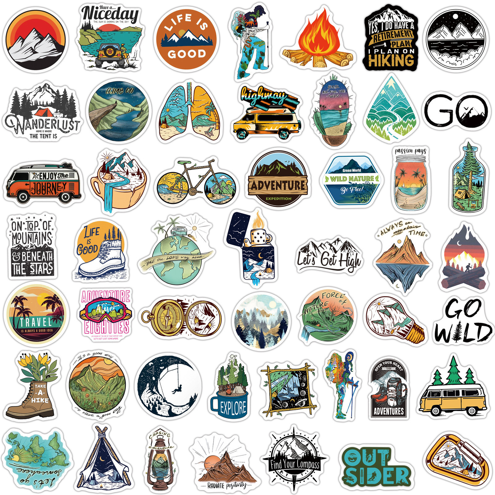 50pcs Outdoor Camping Stickers for Water Bottle Waterproof Vinyl Adventure Hiking Stickers Wilderness Nature Forest Decals