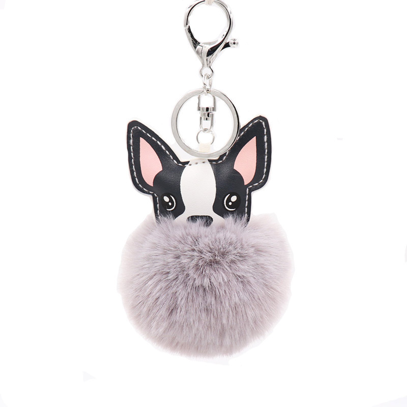 Fluffy Rabbit Fur Ball French Bulldog Keychain Pompom Key Chain Pu Leather Animal Dog Keyring Holder Bag Charm Trinket Chaveiros