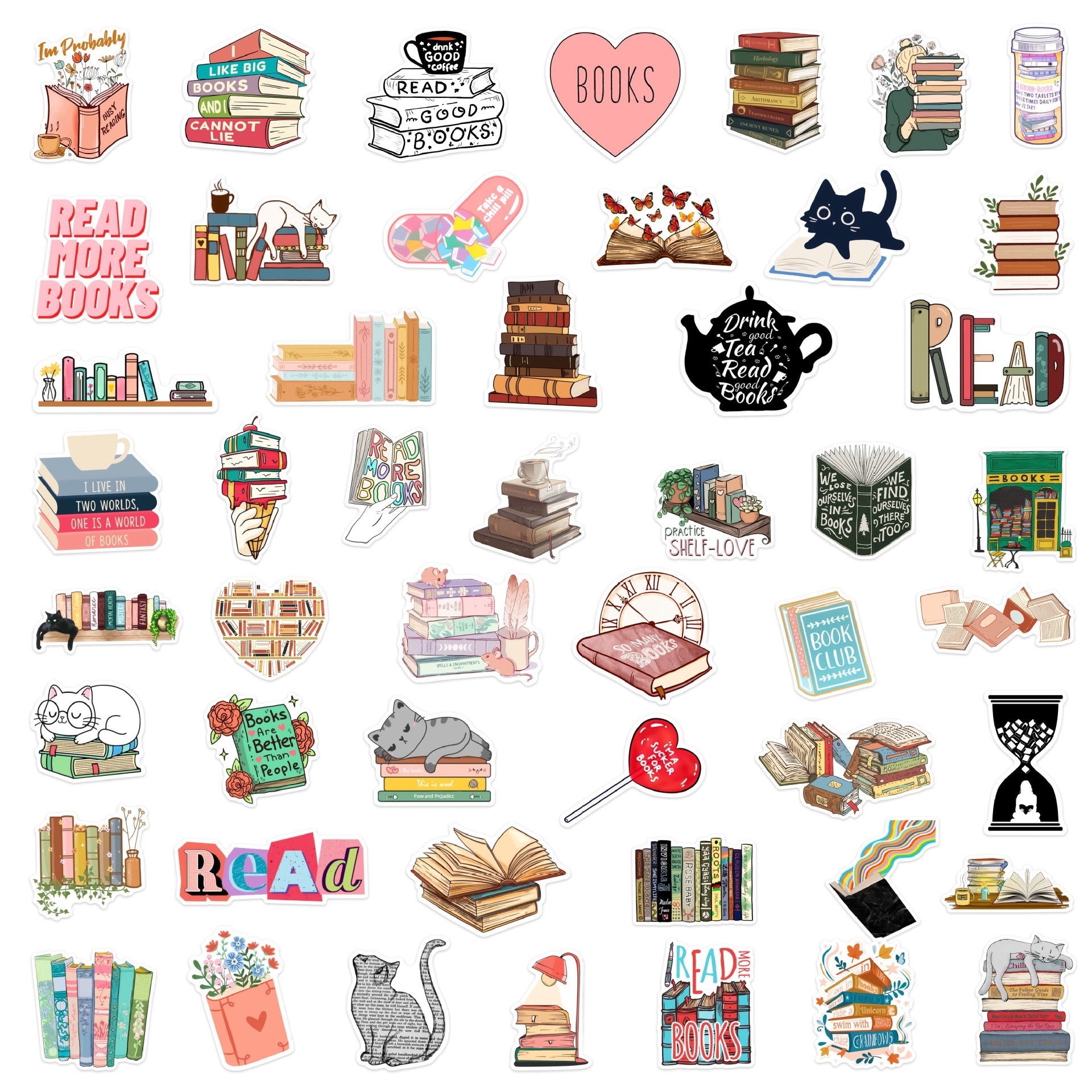 50Pcs New Book Reading Bookstore Graffiti Sticker For Bottle Notebook Vinyl PVC Library Books Decor Stickers