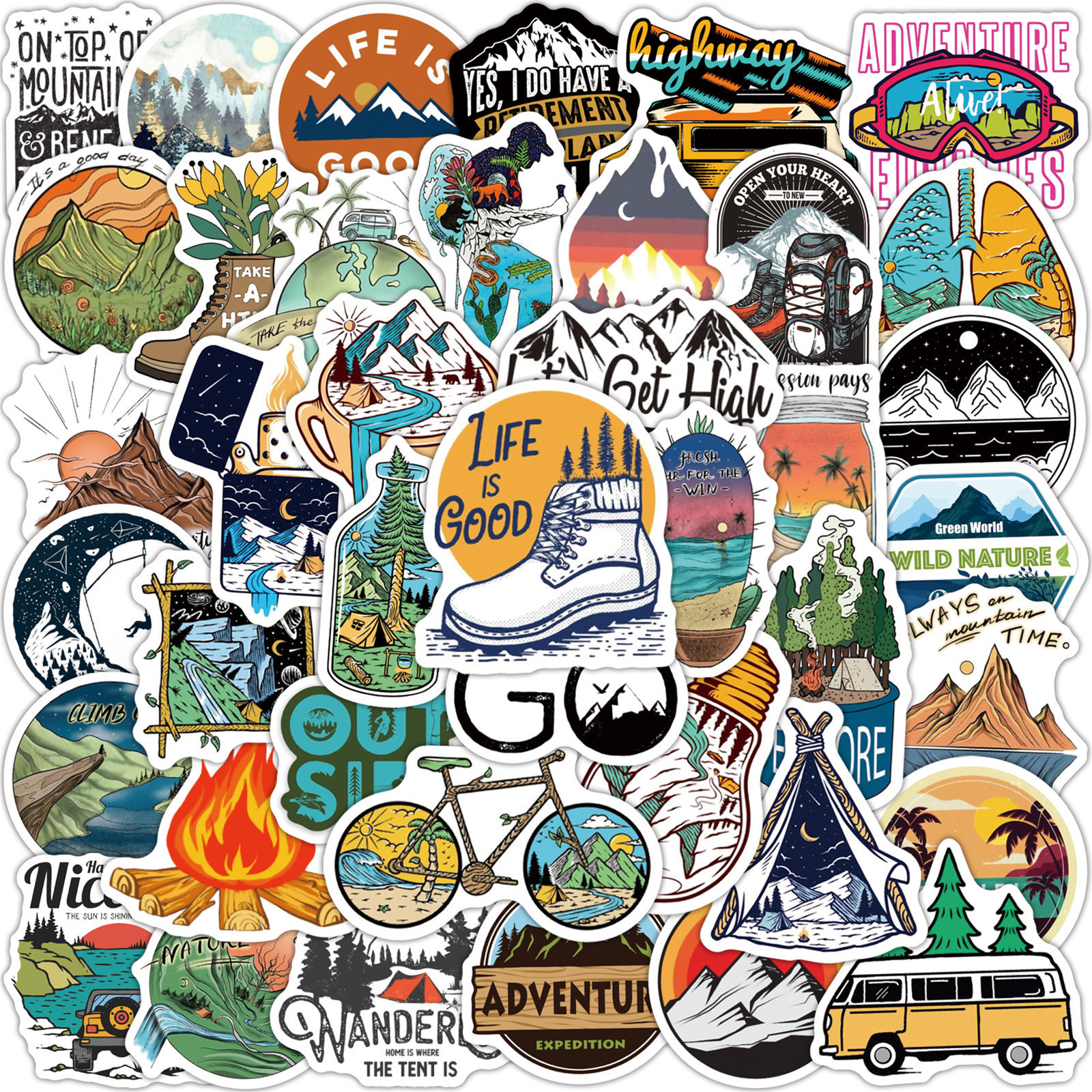 50pcs Outdoor Camping Stickers for Water Bottle Waterproof Vinyl Adventure Hiking Stickers Wilderness Nature Forest Decals