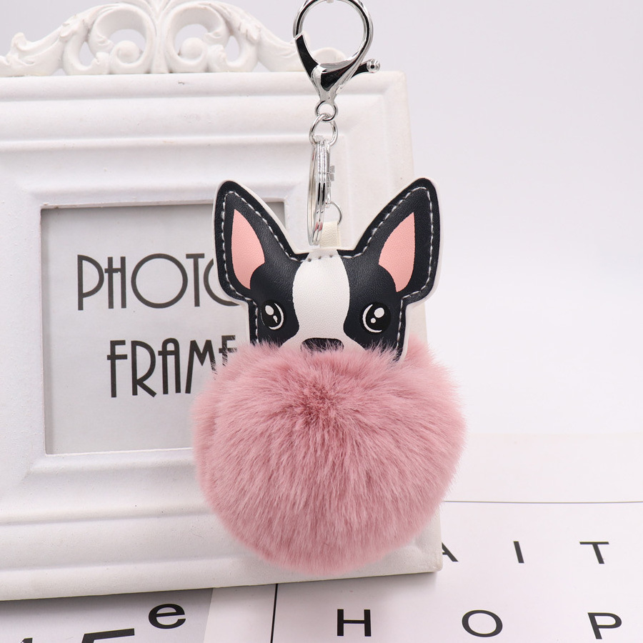 Fluffy Rabbit Fur Ball French Bulldog Keychain Pompom Key Chain Pu Leather Animal Dog Keyring Holder Bag Charm Trinket Chaveiros