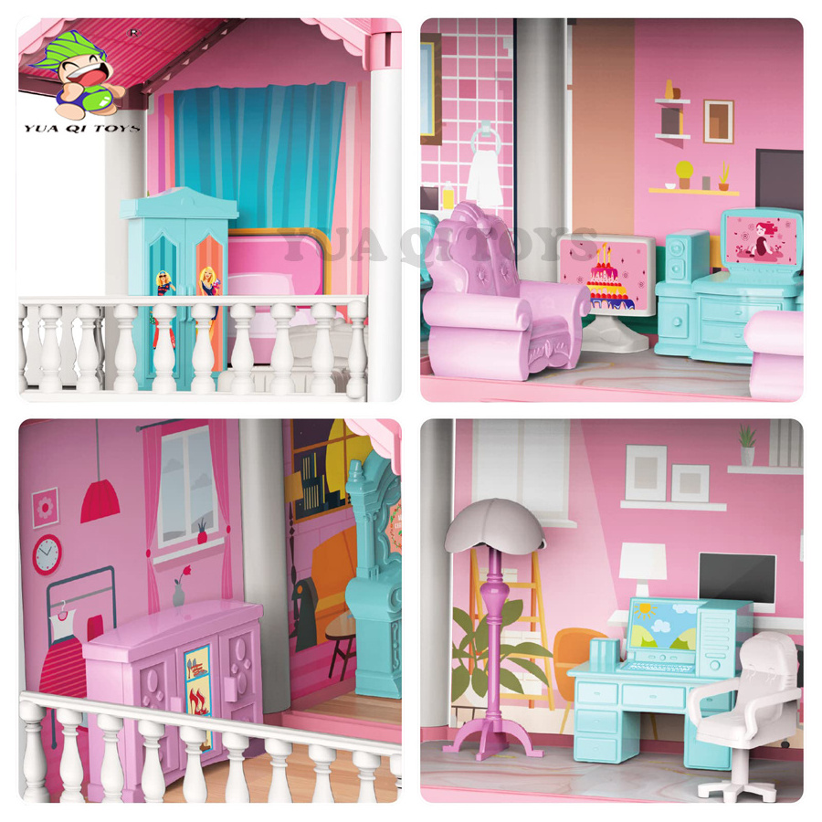 YQ DIY Build & Play Set with Furniture Enchanting Pink Dollhouse with 3 Floors & 9 Rooms for Children