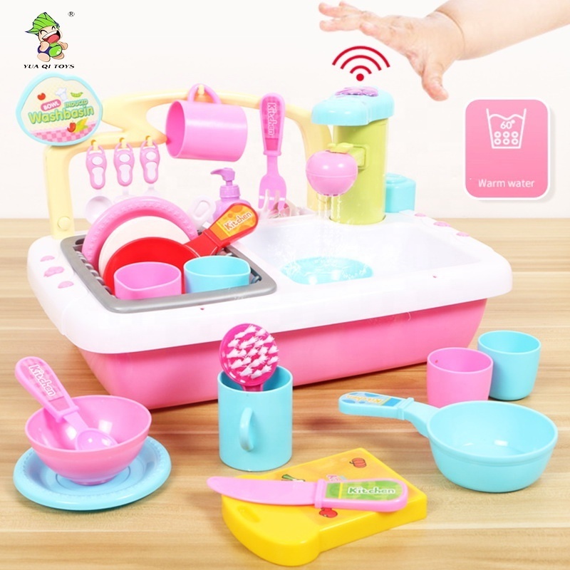 Pretend kitchen play toy washing sink circulate water faucet role play set mini washing machine