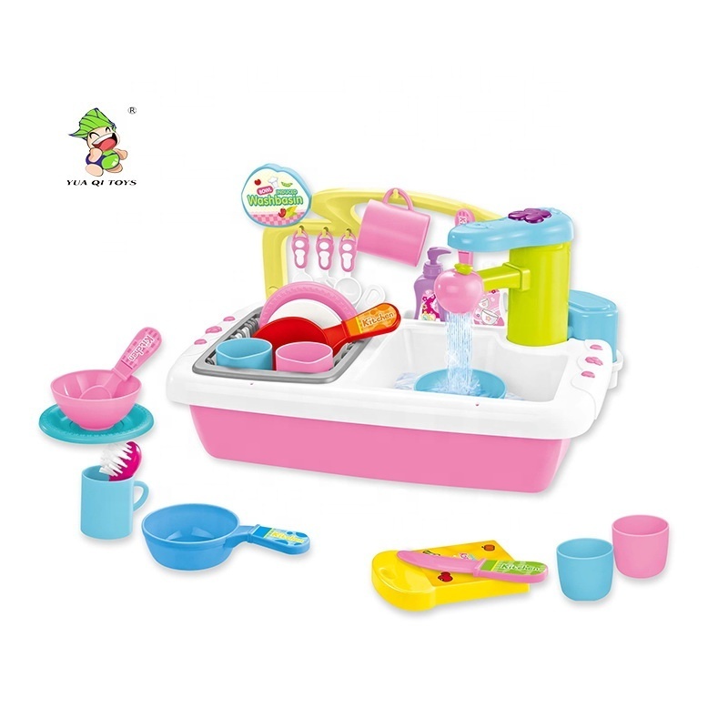 Pretend kitchen play toy washing sink circulate water faucet role play set mini washing machine