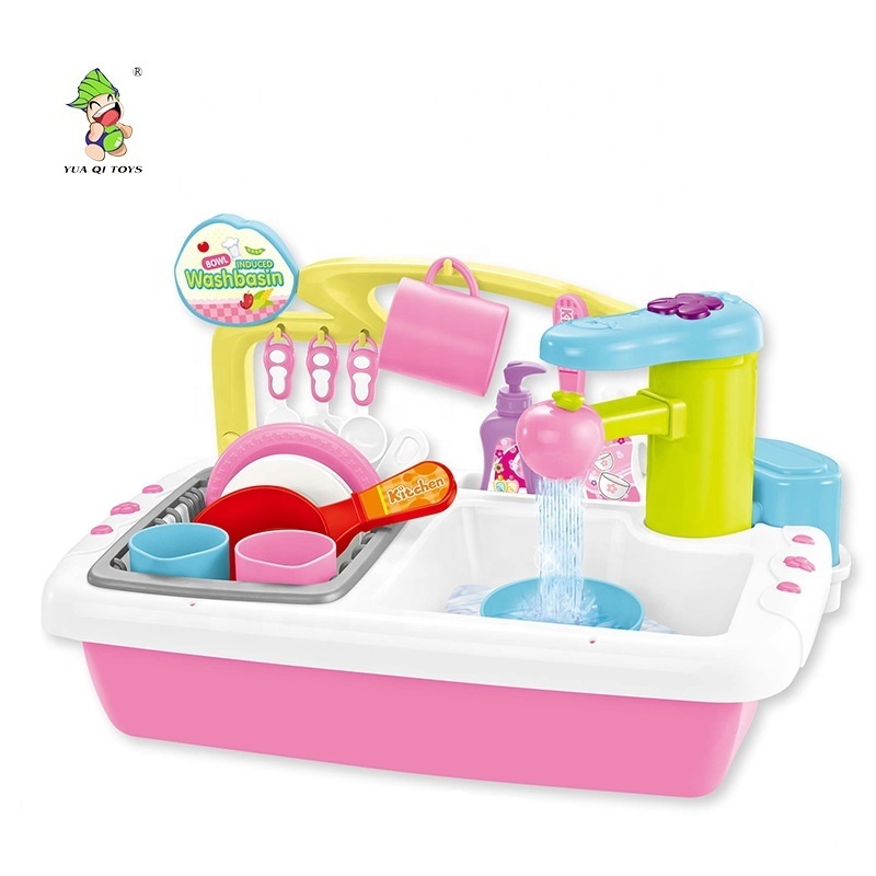 Pretend kitchen play toy washing sink circulate water faucet role play set mini washing machine