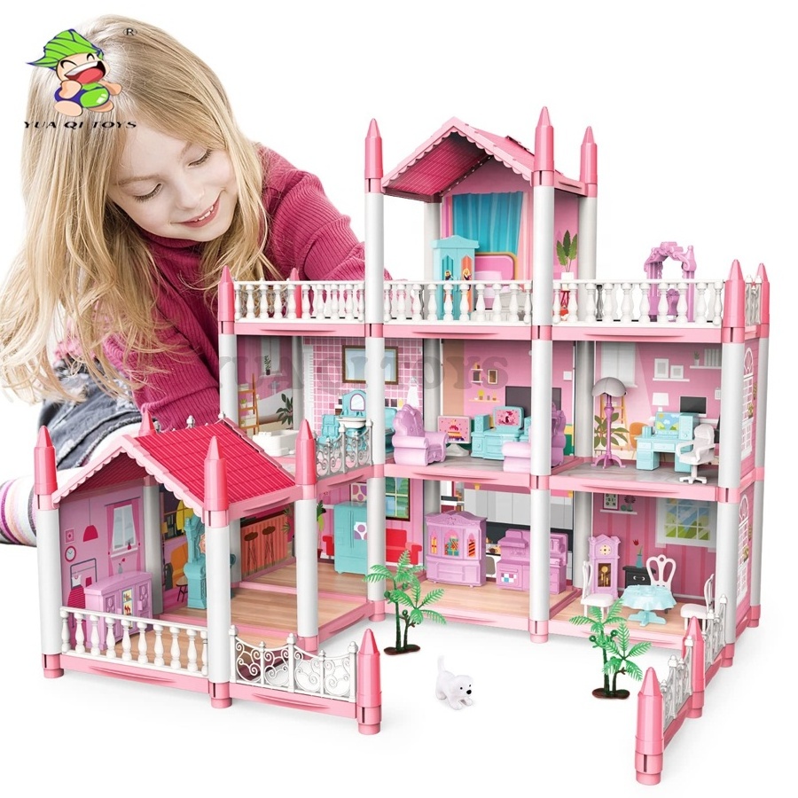 YQ DIY Build & Play Set with Furniture Enchanting Pink Dollhouse with 3 Floors & 9 Rooms for Children