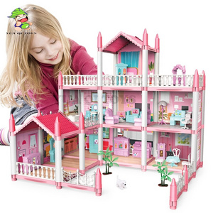 YQ DIY Build & Play Set with Furniture Enchanting Pink Dollhouse with 3 Floors & 9 Rooms for Children