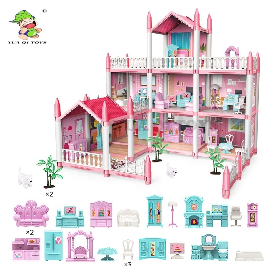 YQ DIY Build & Play Set with Furniture Enchanting Pink Dollhouse with 3 Floors & 9 Rooms for Children