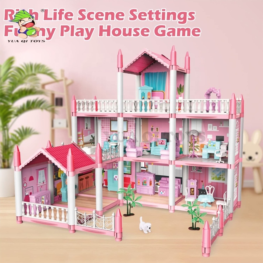 YQ DIY Build & Play Set with Furniture Enchanting Pink Dollhouse with 3 Floors & 9 Rooms for Children