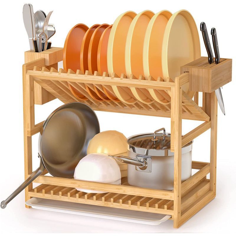 Wooden Dish Drain Rack Tray Plate Drying Shelf Book Cups Display Stand Holder Dinnerware Kitchen Storage Organizer