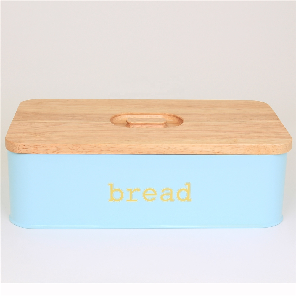 Vintage Metal Kitchen Storage Tin Canister Bread box With Bamboo Lid CNLF