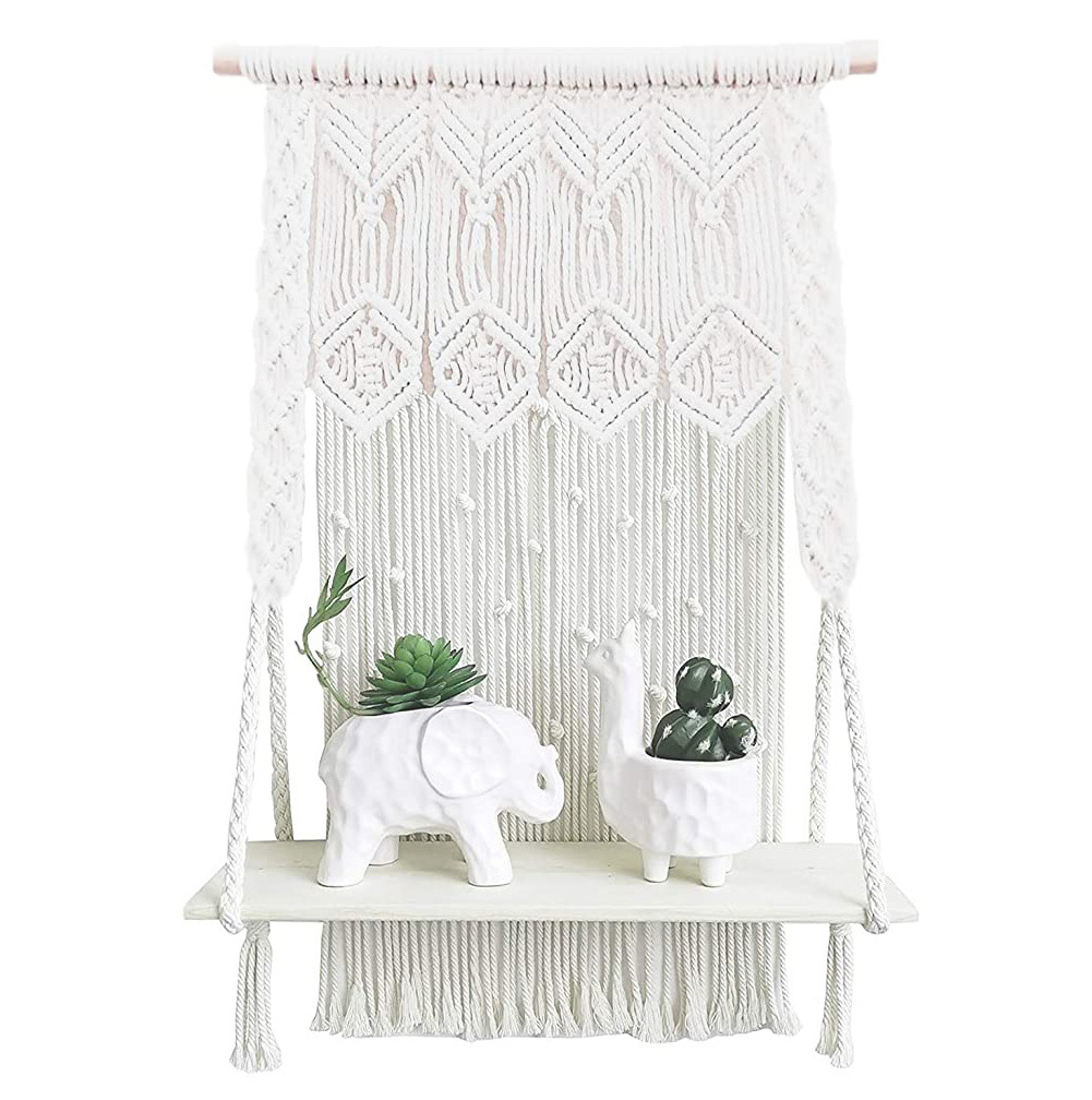 Macrame Wall Hanging Shelf- Bohemian Art Boho Decor- Indoor Plant Hanger -Fancy Organizer- Unique Bookshelf for Kitchen