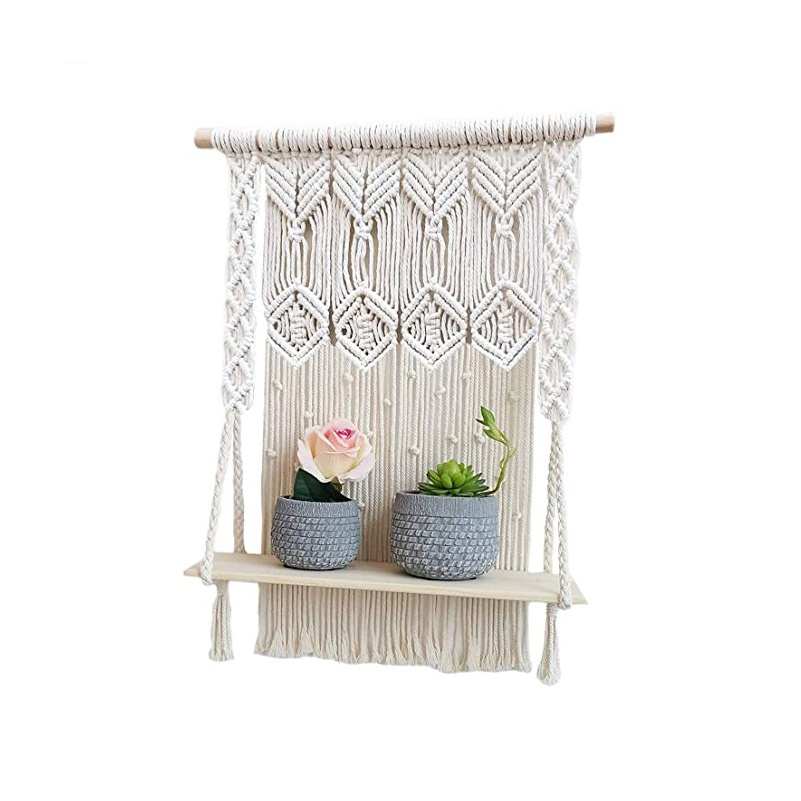 Macrame Wall Hanging Shelf- Bohemian Art Boho Decor- Indoor Plant Hanger -Fancy Organizer- Unique Bookshelf for Kitchen