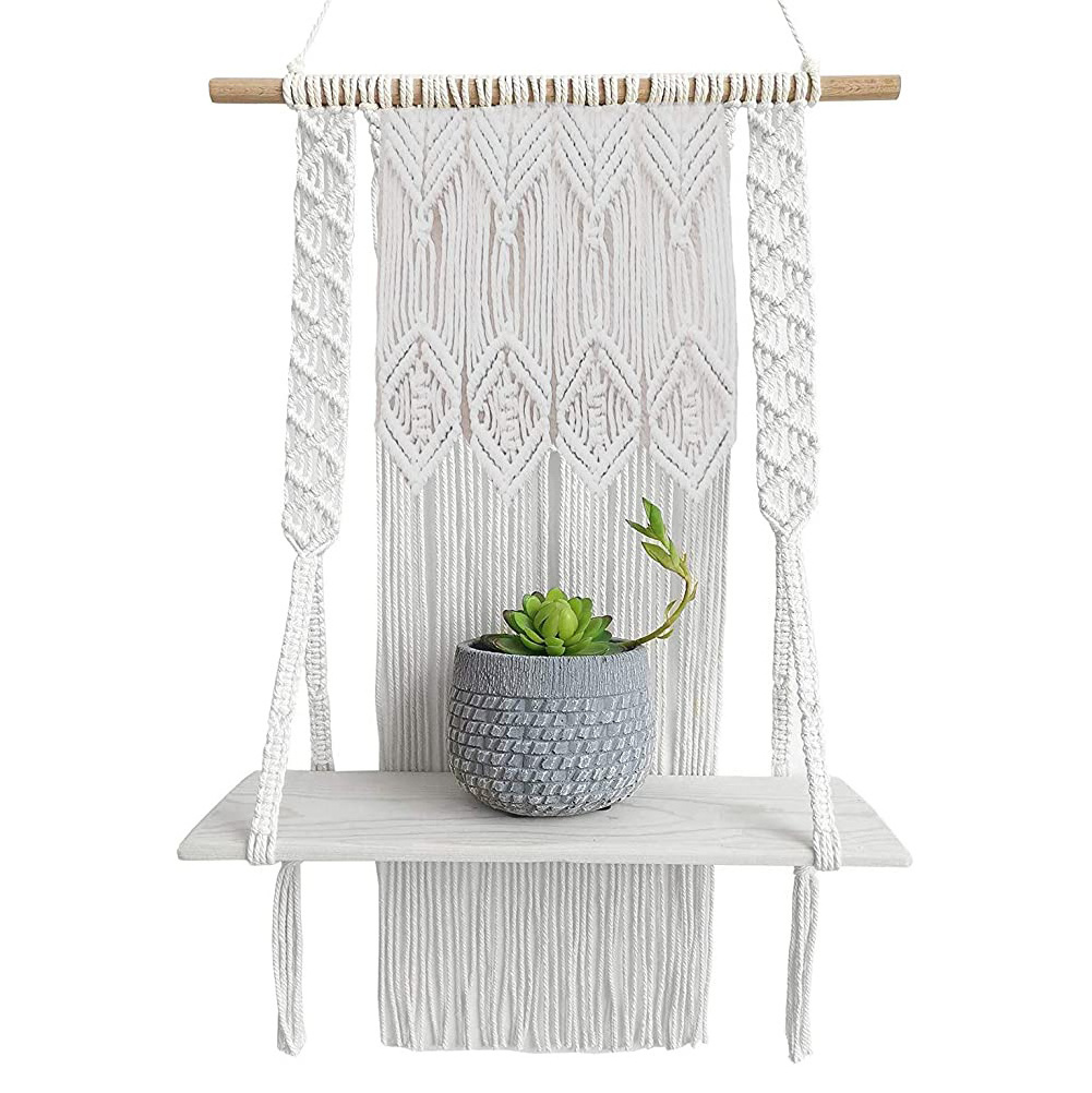 Macrame Wall Hanging Shelf- Bohemian Art Boho Decor- Indoor Plant Hanger -Fancy Organizer- Unique Bookshelf for Kitchen