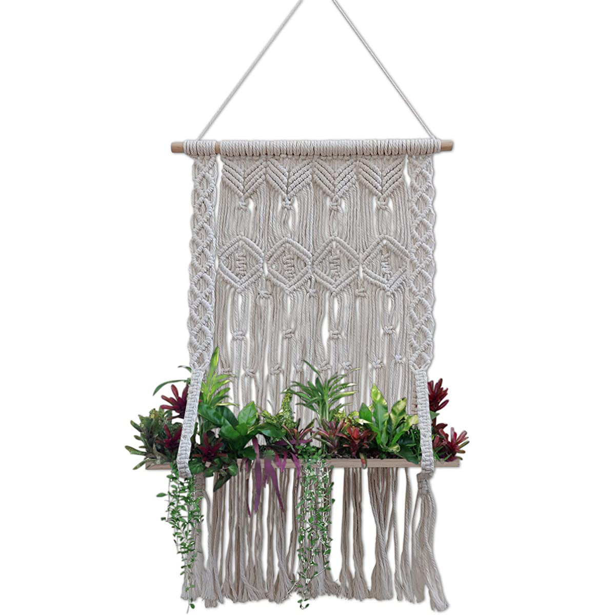 Macrame Wall Hanging Shelf- Bohemian Art Boho Decor- Indoor Plant Hanger -Fancy Organizer- Unique Bookshelf for Kitchen