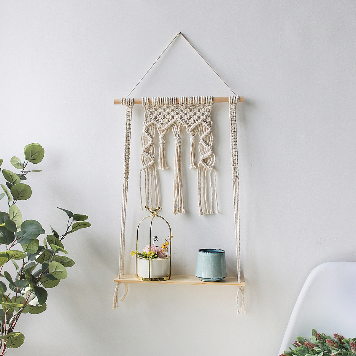 Nordic macrame tapestry ins style hand woven wall decoration hotel living room bedroom storage shelf