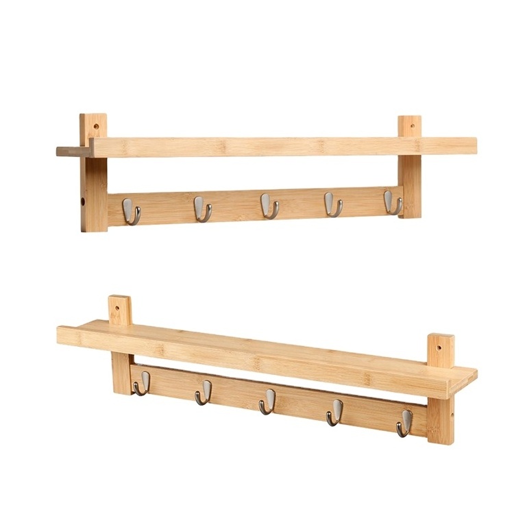 Wall Mounted Bamboo Coat Rack With 5 Metal Hooks And Upper Shelf For Storage