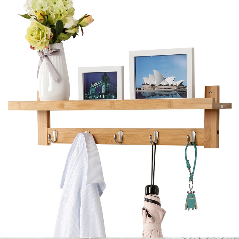 Wall Mounted Bamboo Coat Rack With 5 Metal Hooks And Upper Shelf For Storage