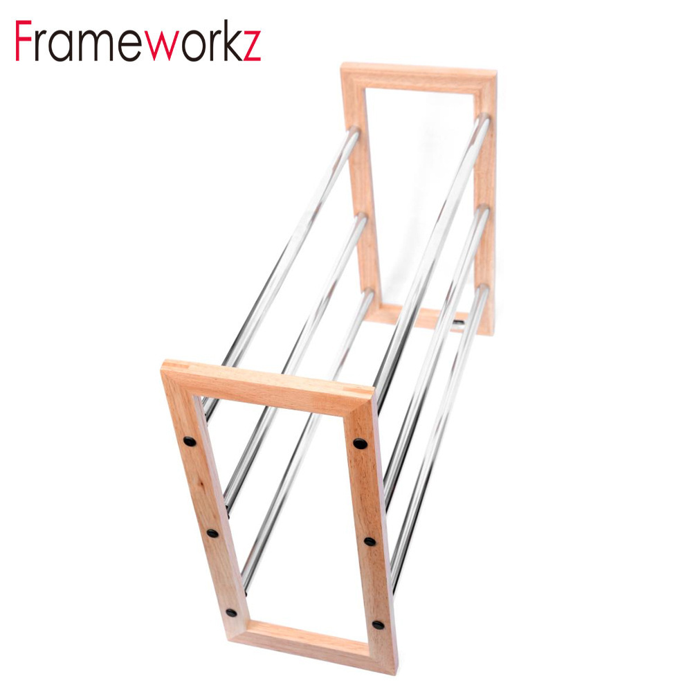 3 Tier Expandable Shoe Rack -Stackable - Natural Wood and Chrome CNLF